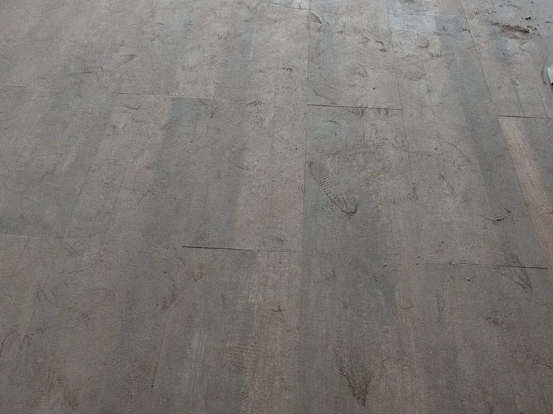 Antes: Pisos del mismo departamento. El tono pálido no era el color: era el polvo de obra.